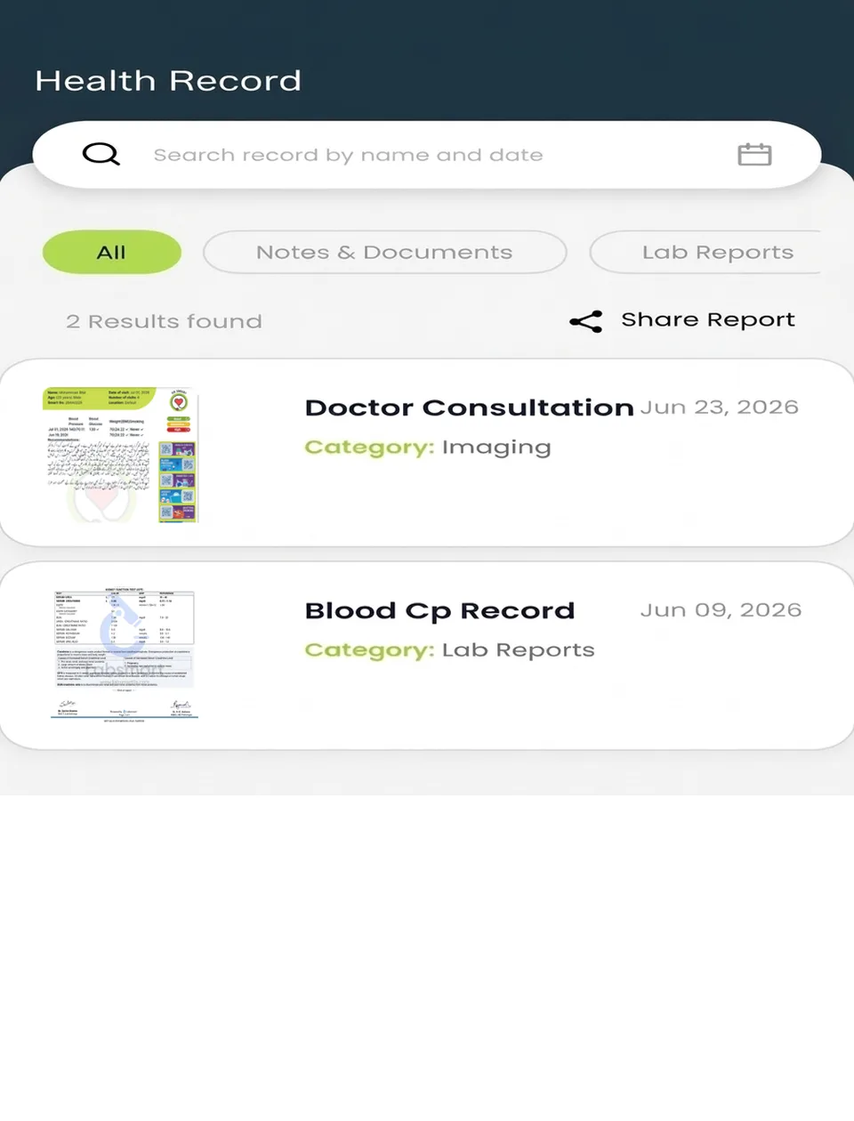 Health records screen in the Dr Smart app